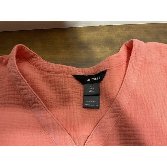 Ali Miles Shrimp Peach/White TIE DYE STRIPE Tunic Blouse Top 100% COTTON 1X - Picture 2 of 10